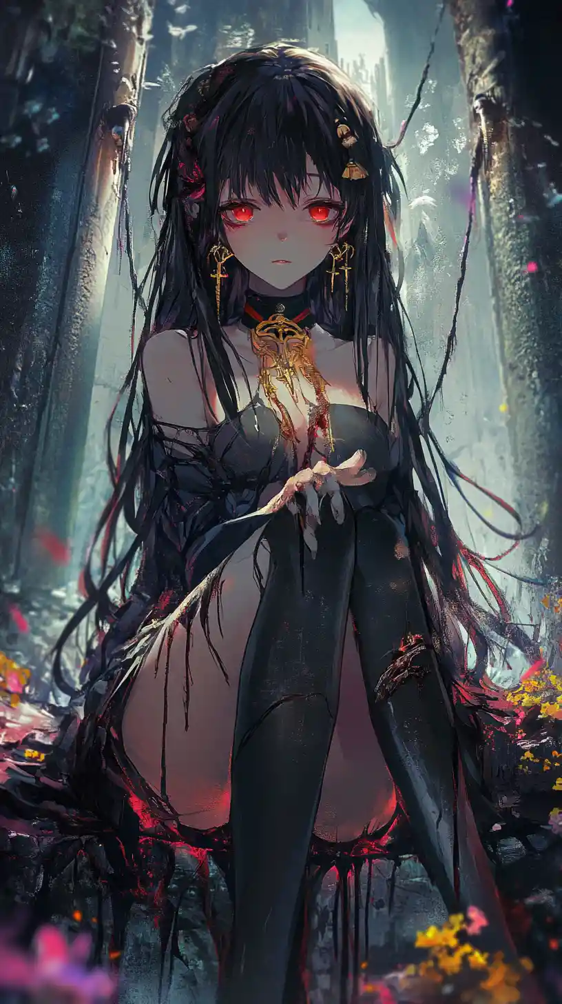 Chica de anime de cabello oscuro con chaqueta negra atada con cuerdas