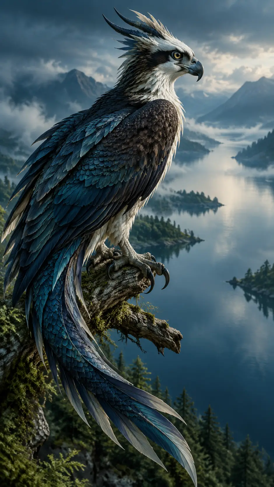 Osprey dragon hybrid above a tranquil misty lake