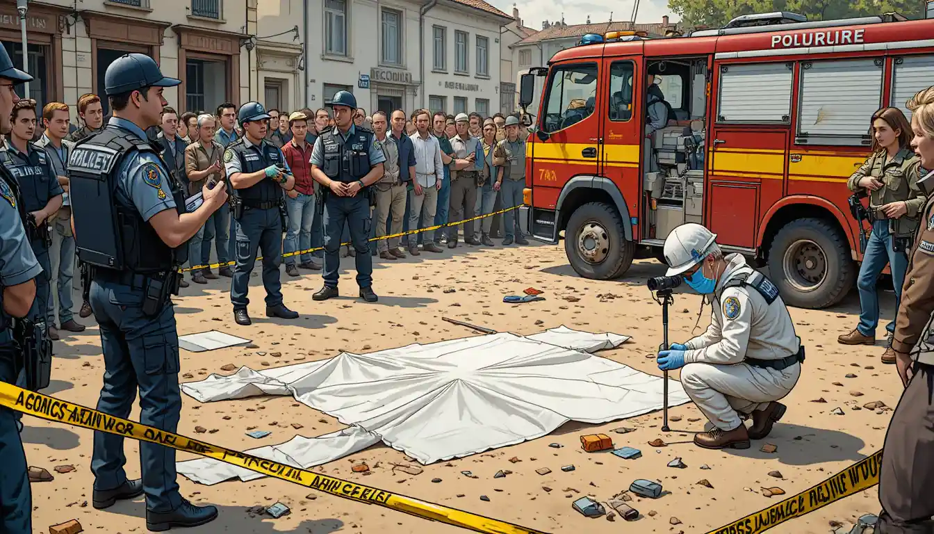 Comic style police investigation at a crowded crime scene