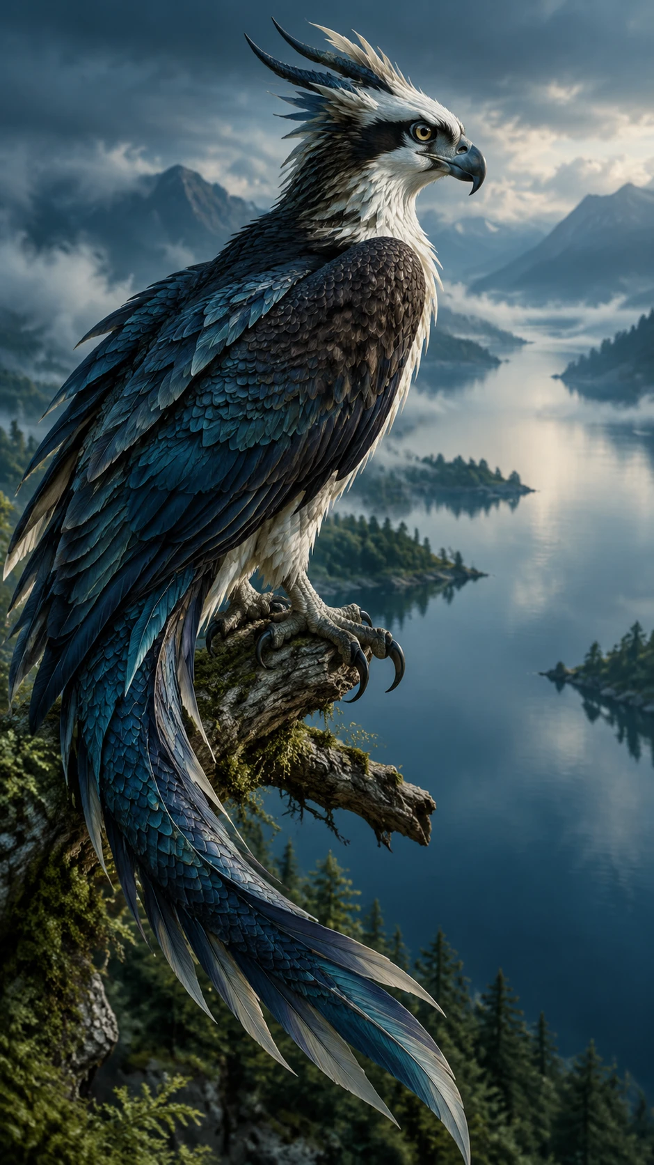 Osprey dragon hybrid above a tranquil misty lake