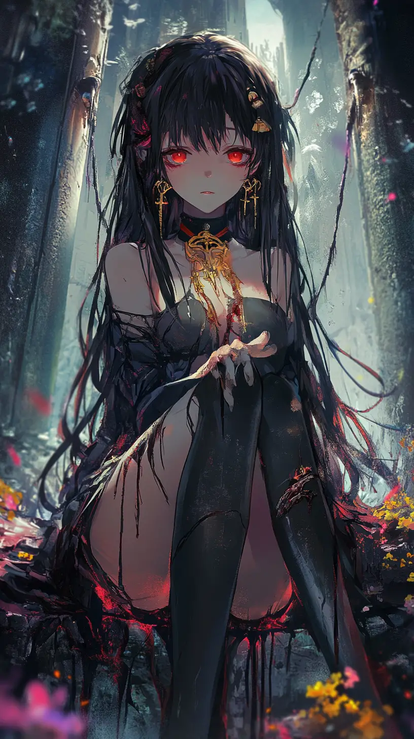 Dark haired anime girl with rope bound black jacket