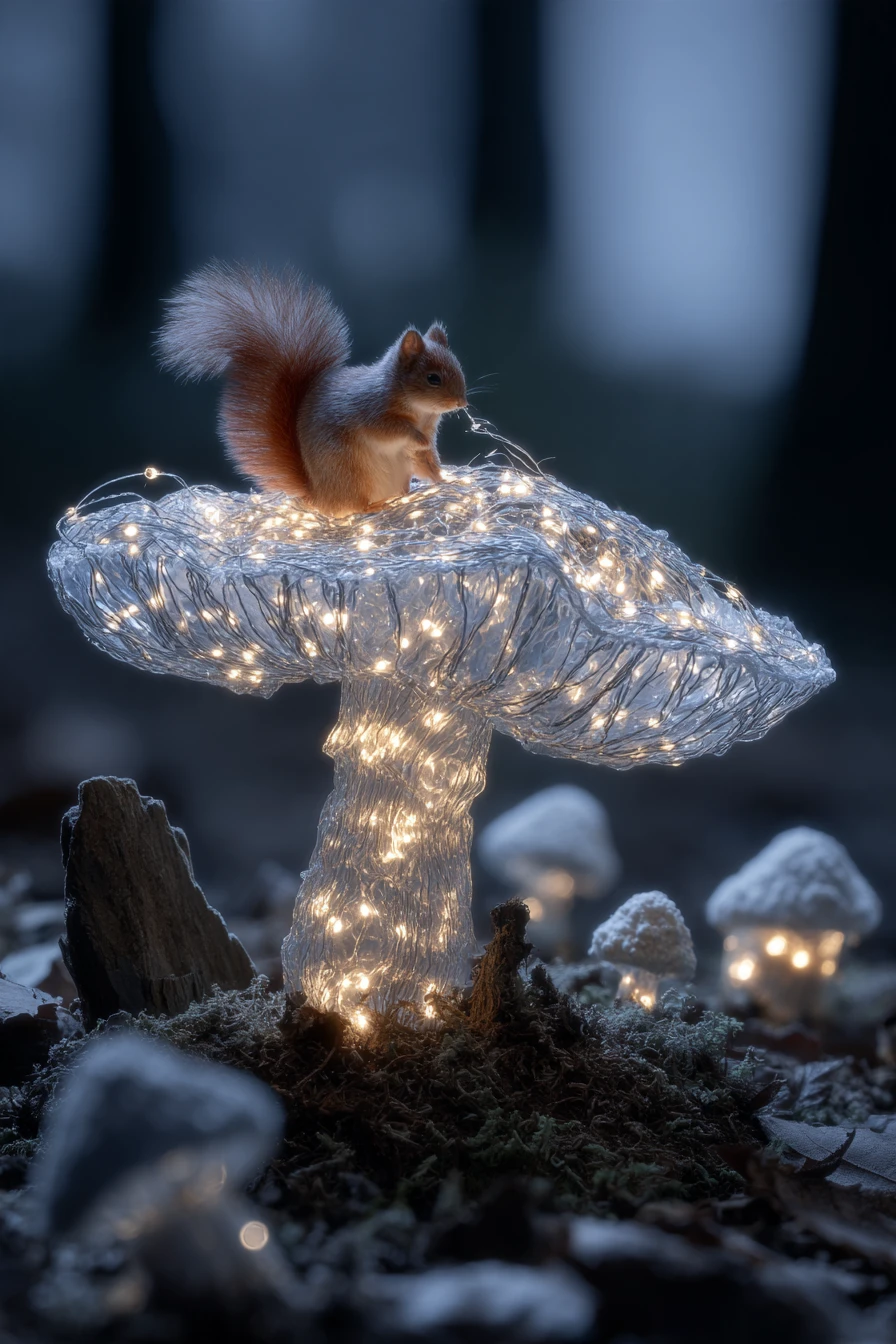 Kleiner Waschbär auf einem riesigen Pilz führt Tiere in der Nacht