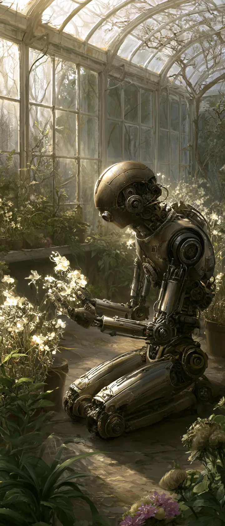 Robot steampunk ordenando flores brillantes en un invernadero cubierto de vegetación