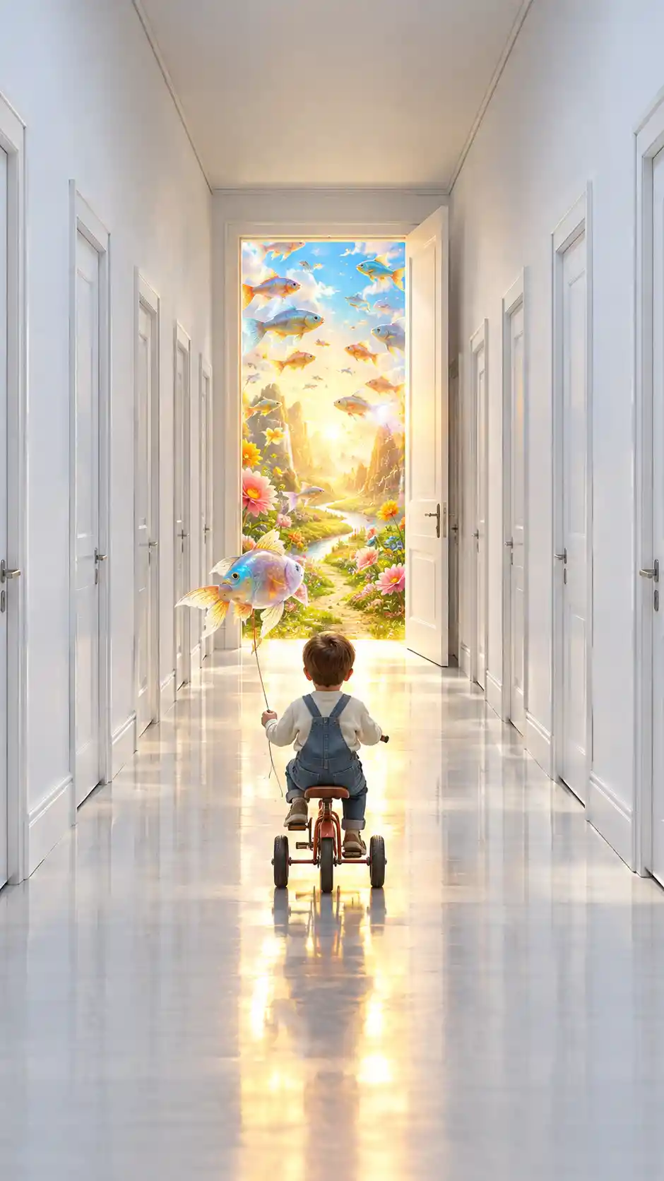 Niño pequeño en bicicleta por un corredor blanco infinito hacia la luz