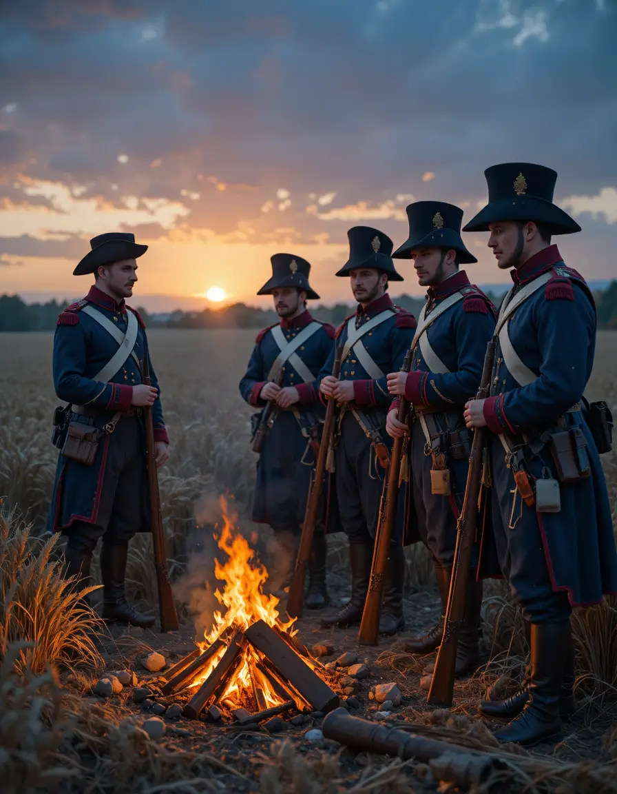 French soldiers warm their hands by a campfire at dusk
