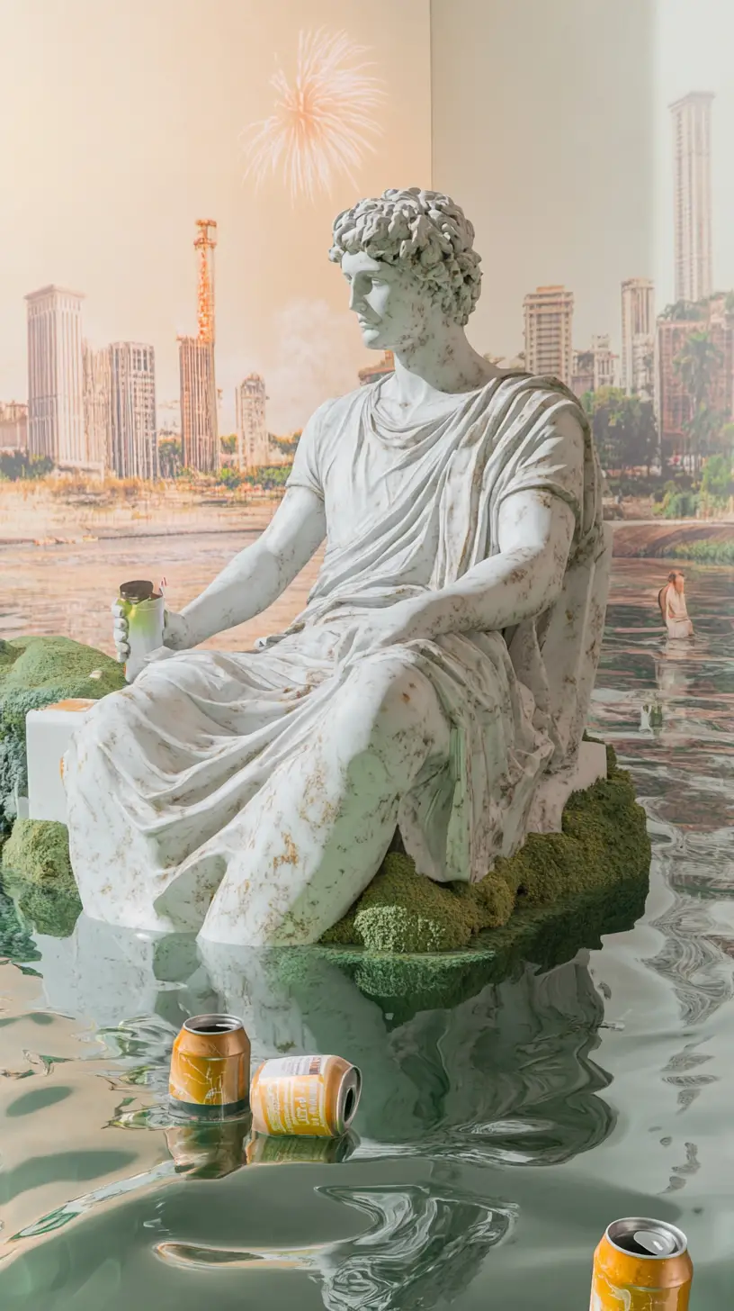 Estatua griega de mármol relajándose en un sofá inflable en la piscina
