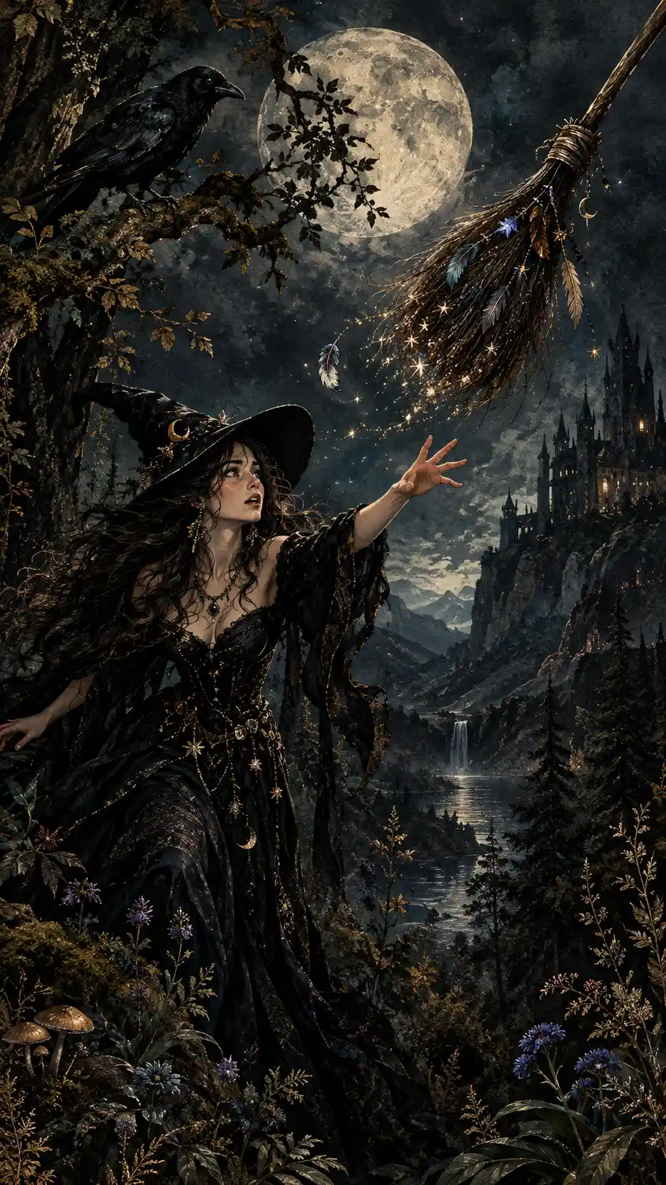 Glamorous witch reaching for her flying broom under moonlight