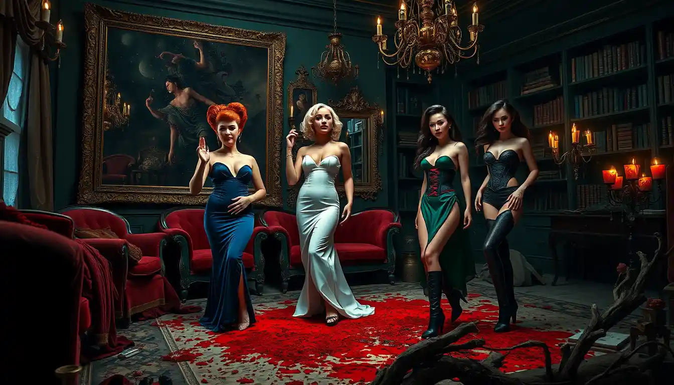 Three elegant women in a dark surreal boudoir