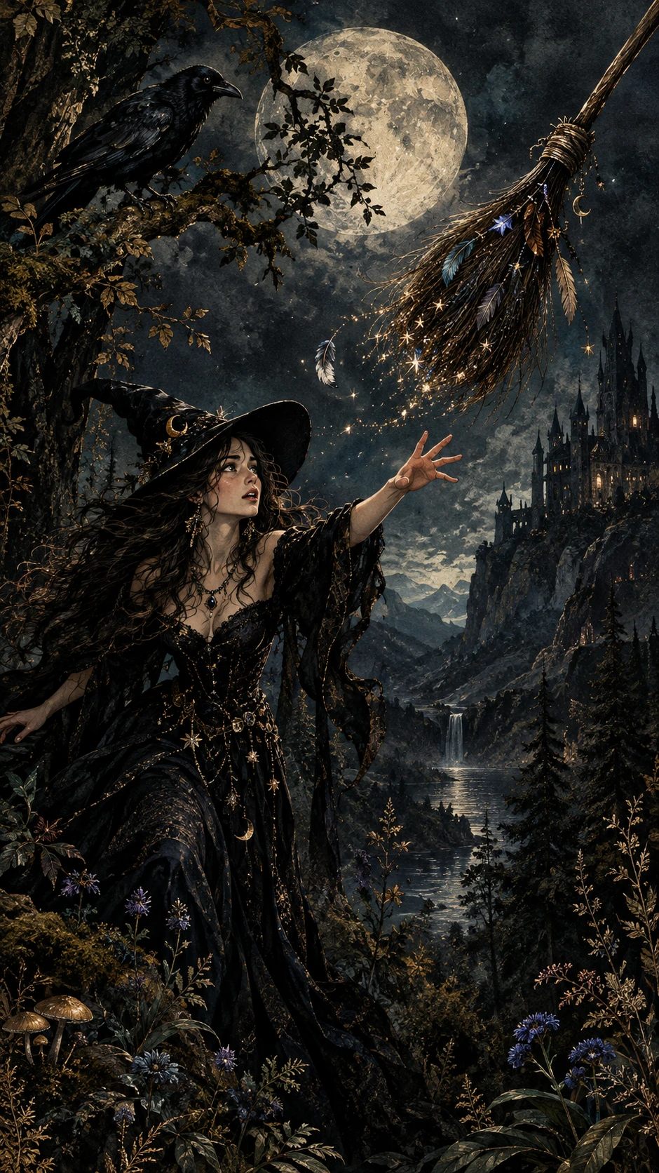 Glamorous witch reaching for her flying broom under moonlight