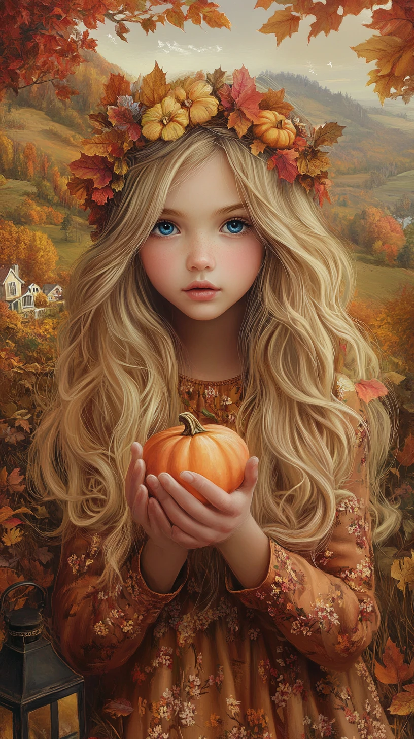 Joven niña con vestido de otoño sosteniendo una luz naranja brillante