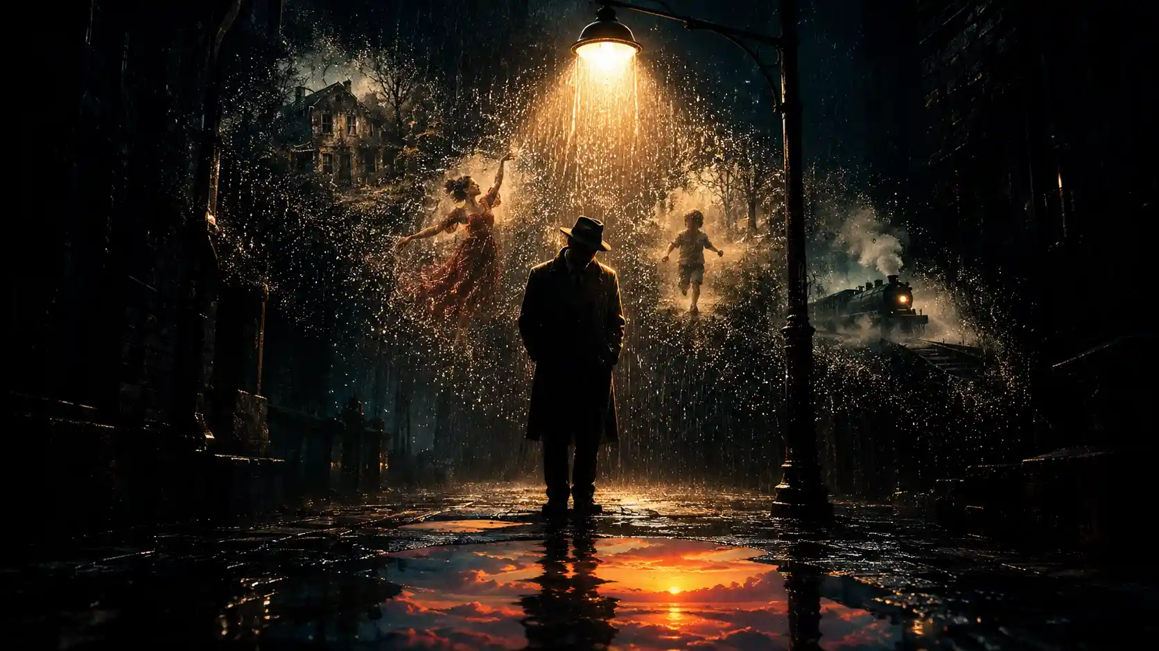Lone man under a streetlamp in a dark rainy alley