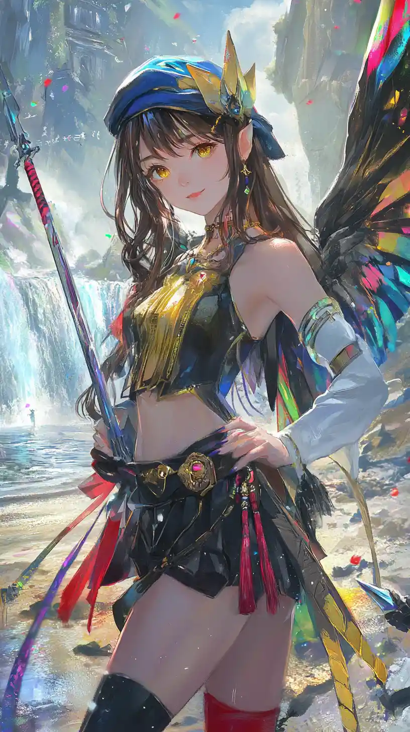 Dragon winged anime girl by a waterfall and tent