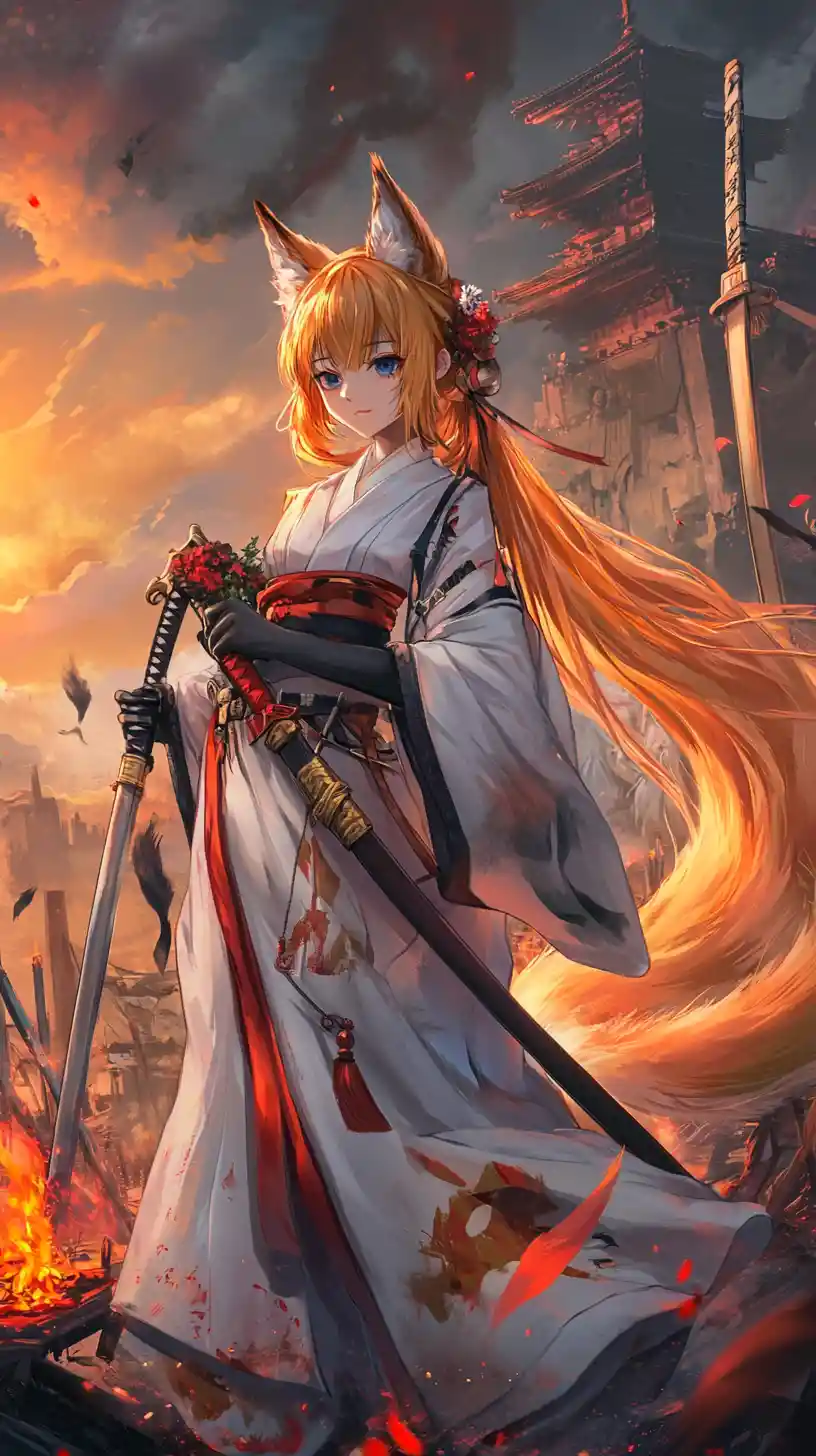 Fox girl in white robes before ruined temple at sunset