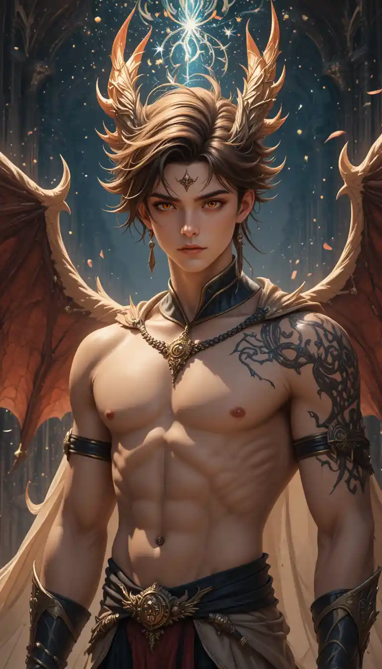 Dragon horned anime hero with dark wings and armor
