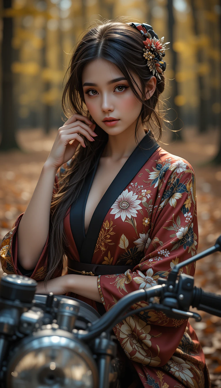 Elegant woman in motorbike haori posing in autumn forest