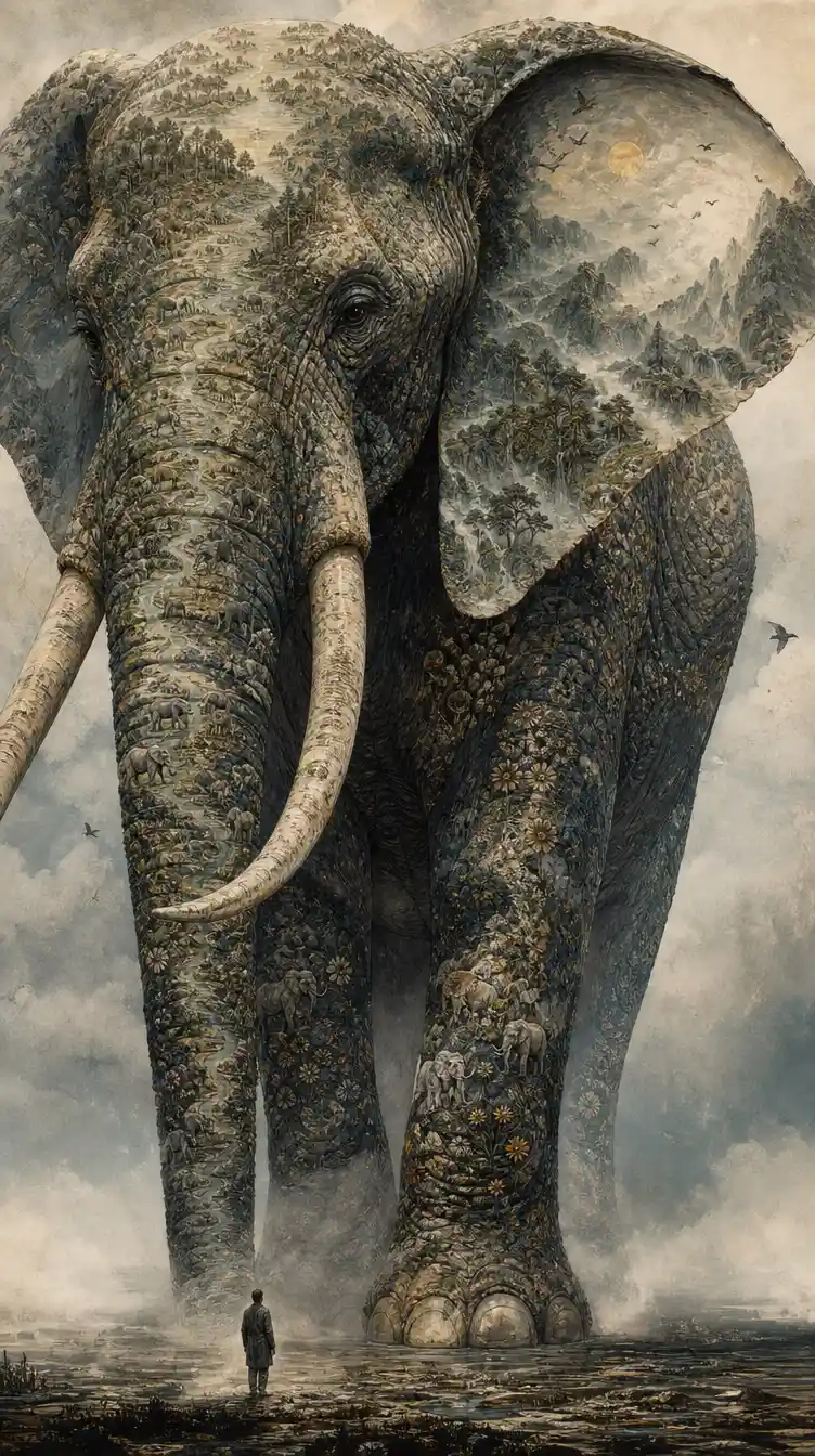 Éléphant Gigantesque dans la Brume avec Paysages Surréalistes