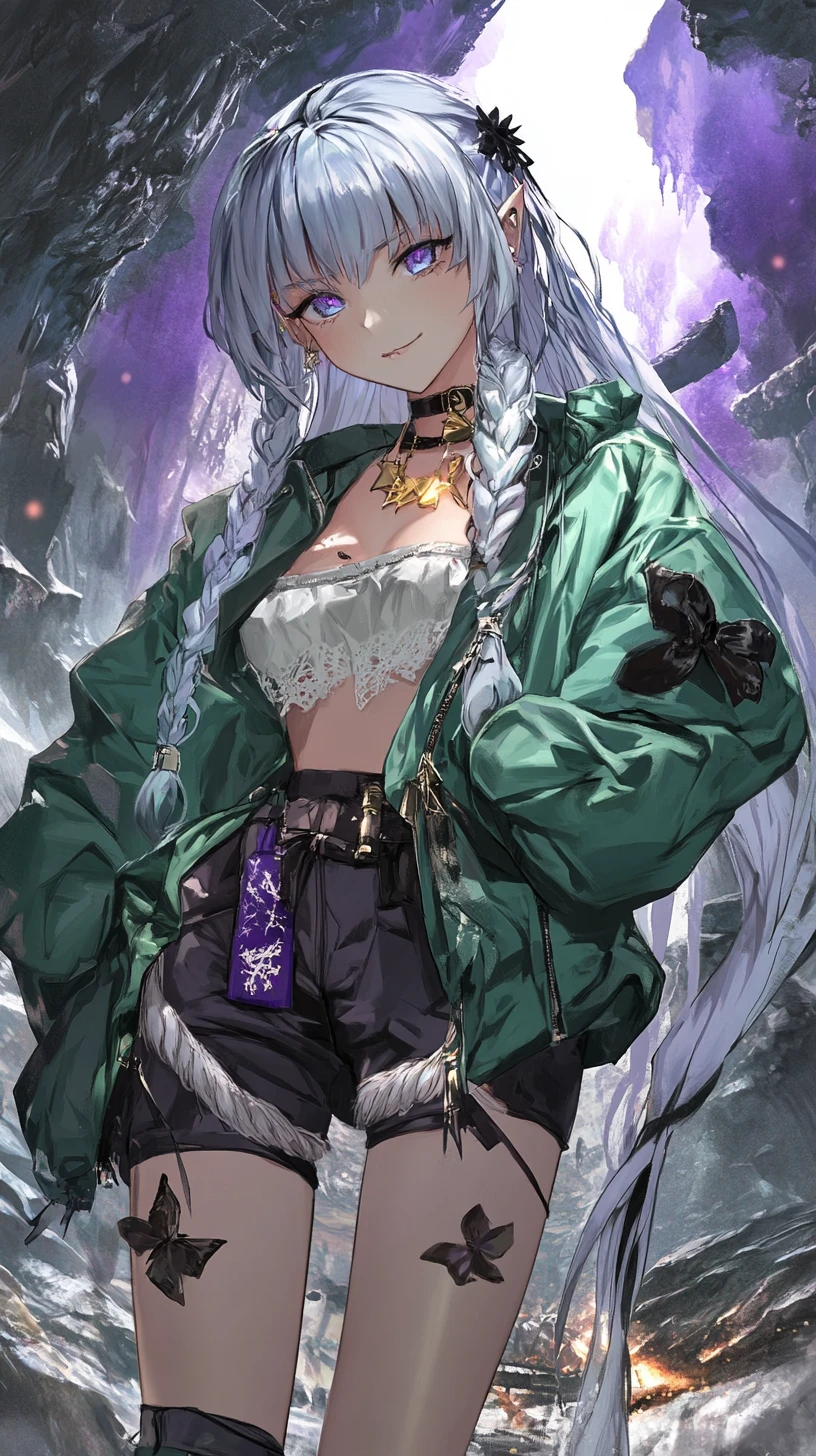Anime girl with purple hair holding a star hair clip