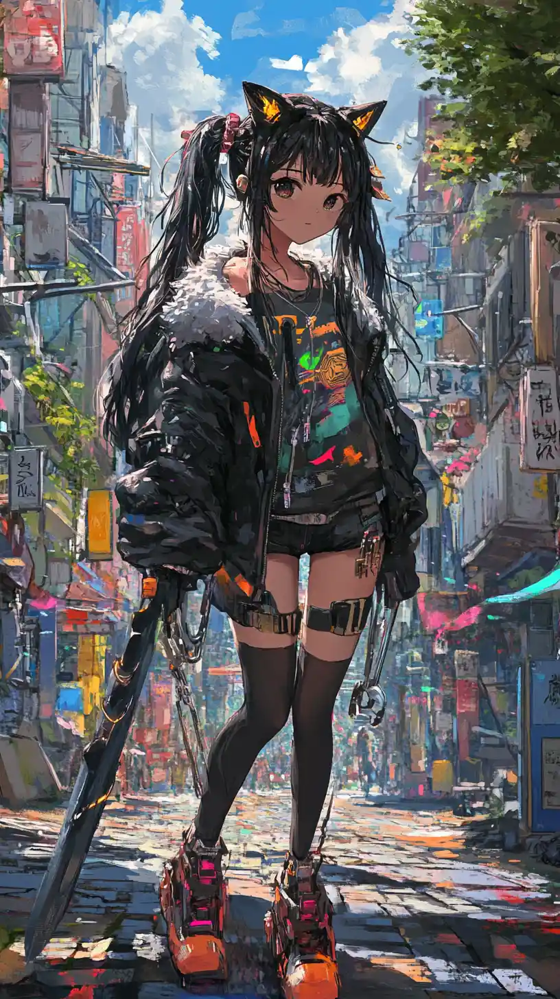 Anime girl bracing on a green flaming sword amid explosion