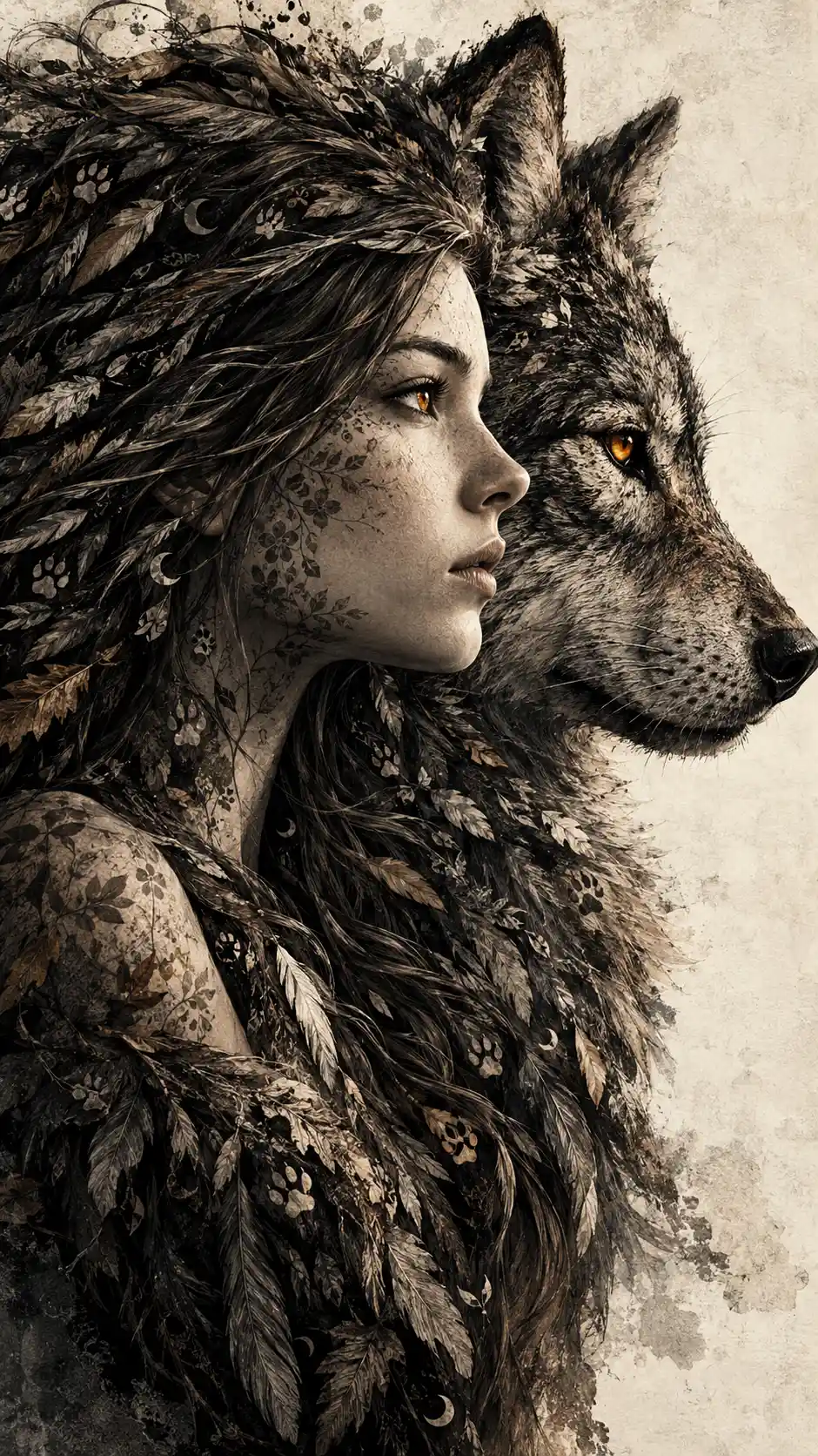 Young woman and wolf joined in symbolic profile fusion