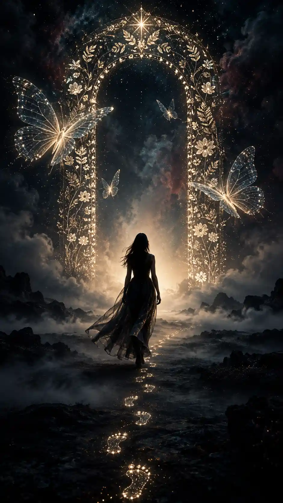 Mujer en silueta caminando hacia un arco celestial resplandeciente