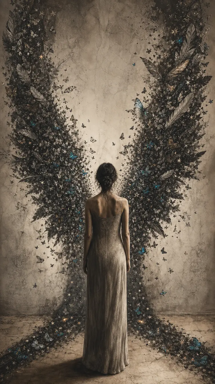 Femme avec ombre de papillon ailé en silhouette puissante