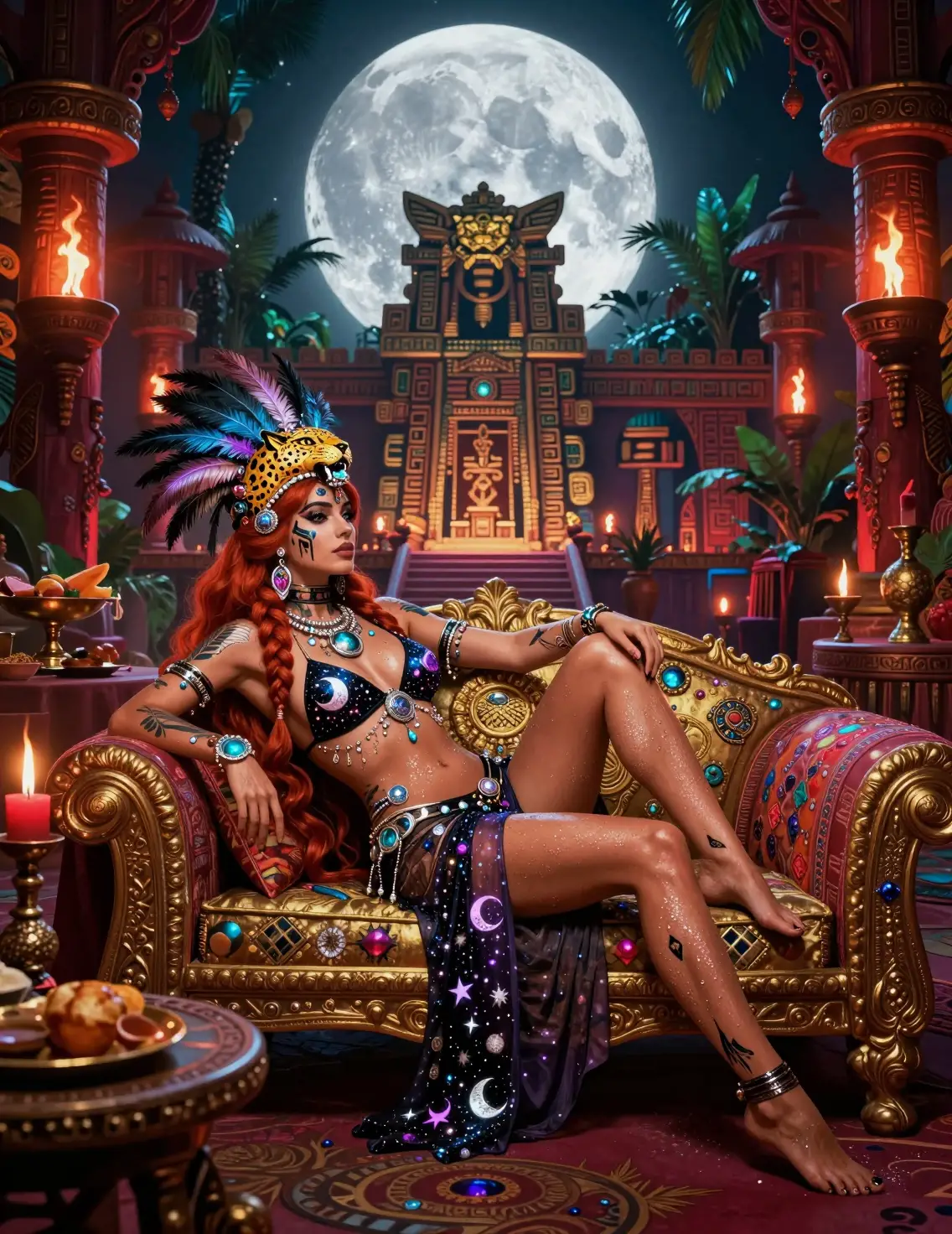 Sensual redhead moon princess reclining in an Aztec temple