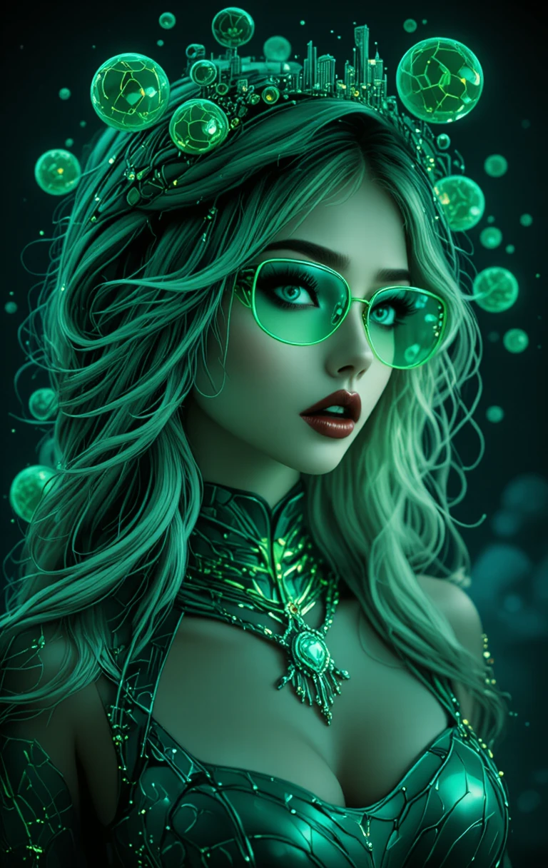 Cyberpunk woman with green crystals in cosmic void