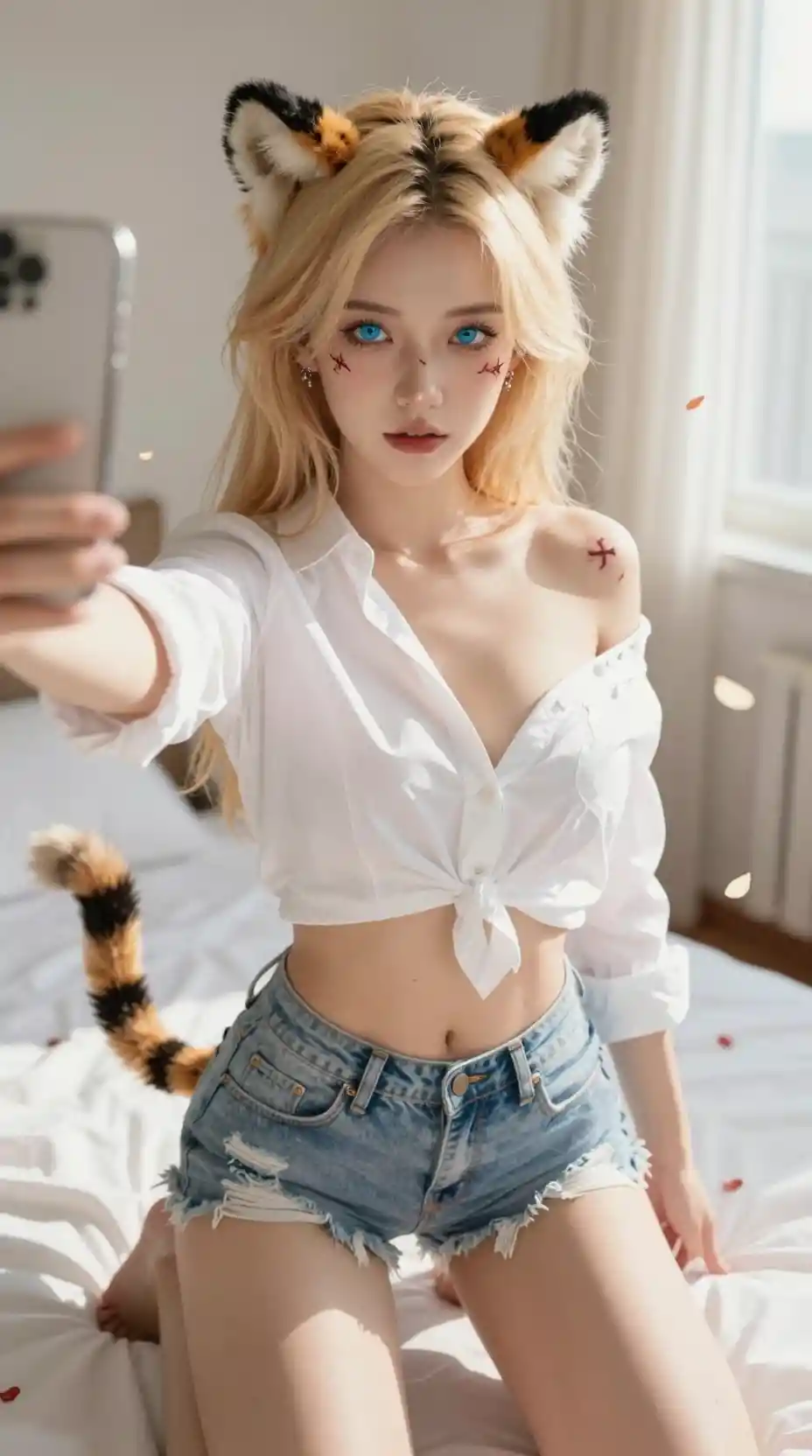 Chica gato rubia de anime haciéndose una selfie juguetona en el dormitorio