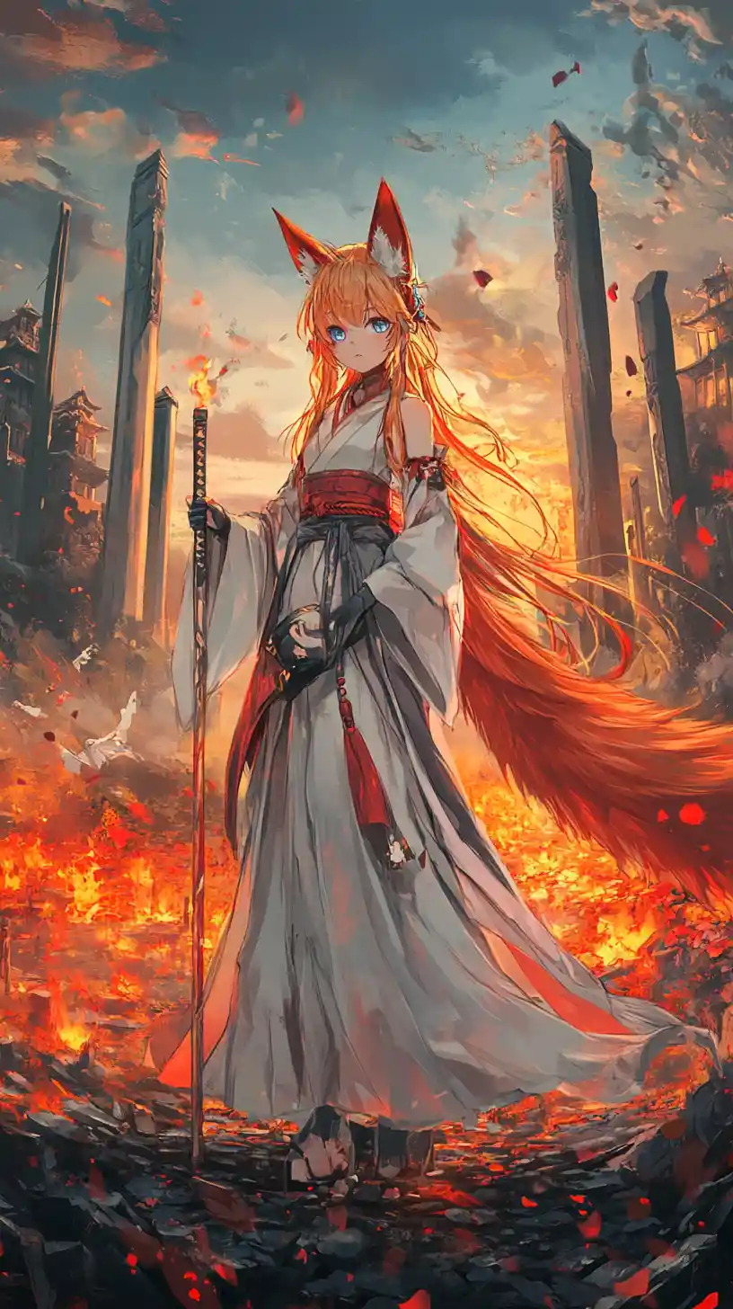 Fox girl in flame robe before ruined cliff temple at sunset
