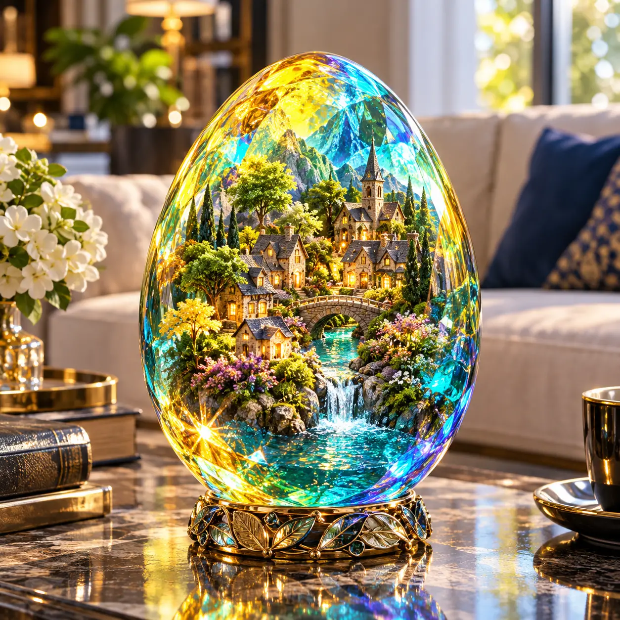 Huevo de cristal con diminuto pueblo sobre la mesa de centro
