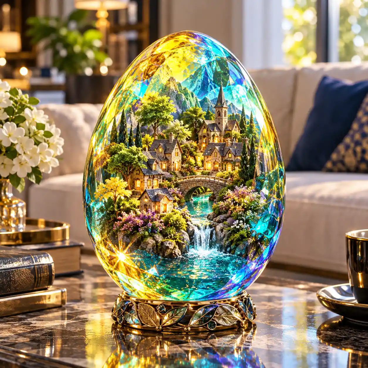 Huevo de cristal con diminuto pueblo sobre la mesa de centro