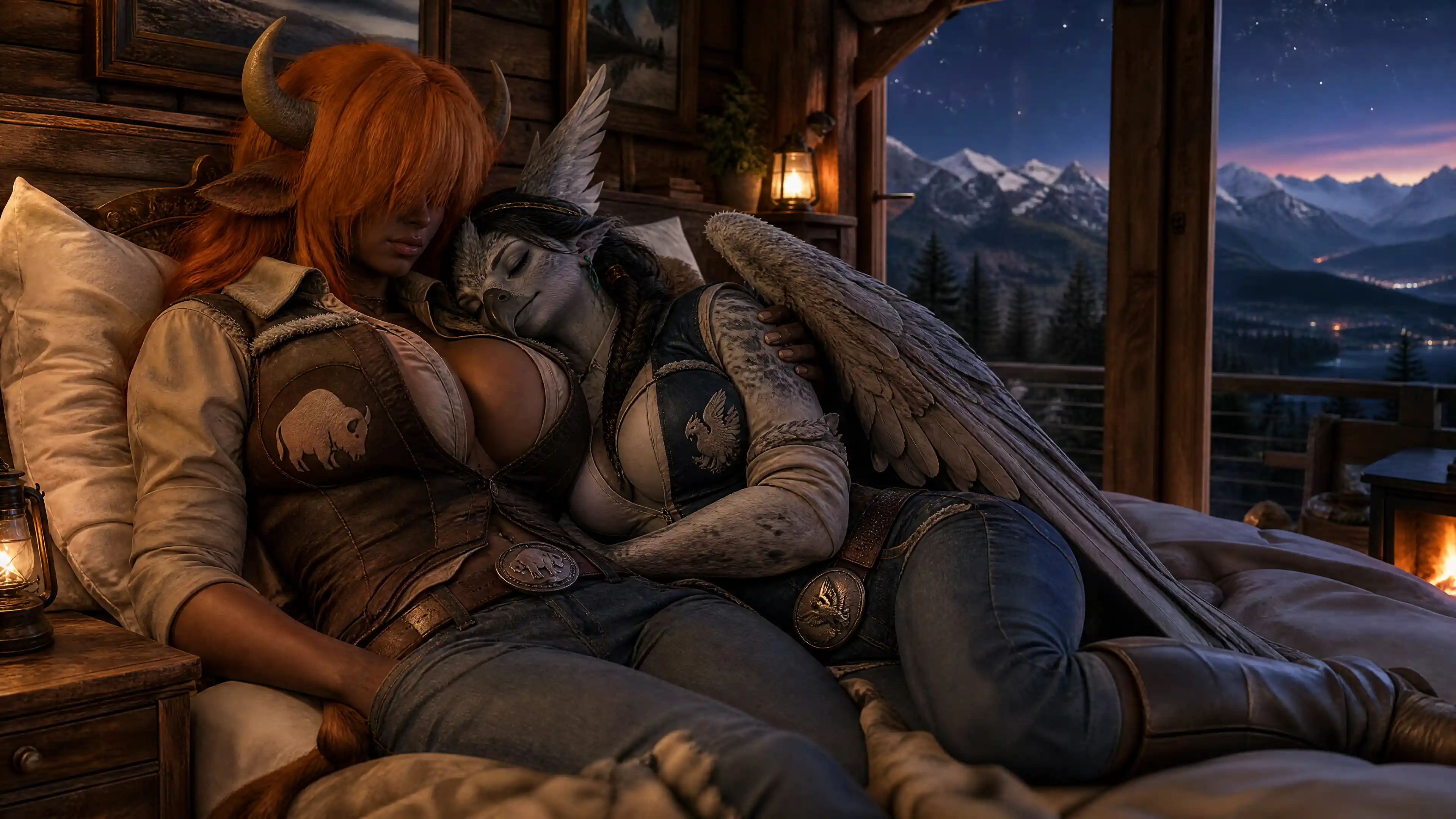 Pareja de fantasía durmiendo junta en un acogedor dormitorio de cabaña