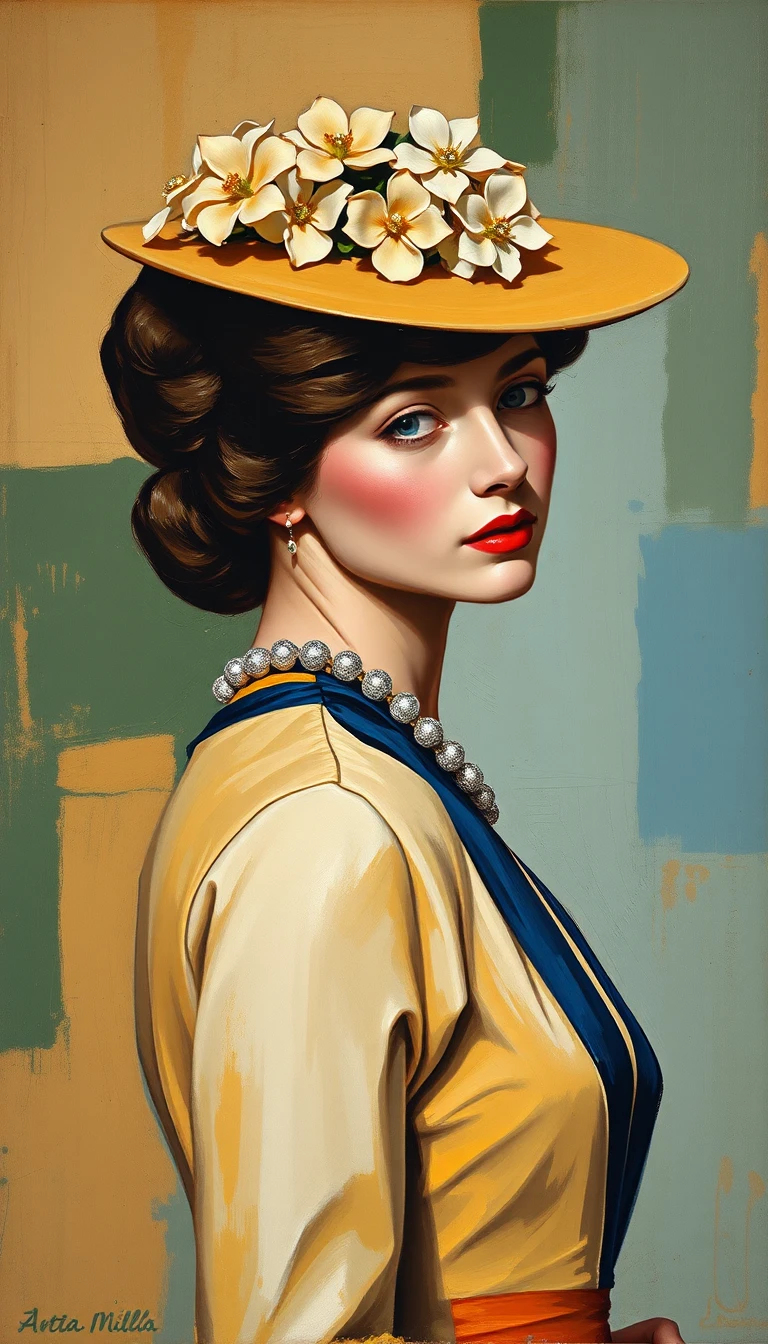 Semi abstract belle epoque woman portrait with ornate hat