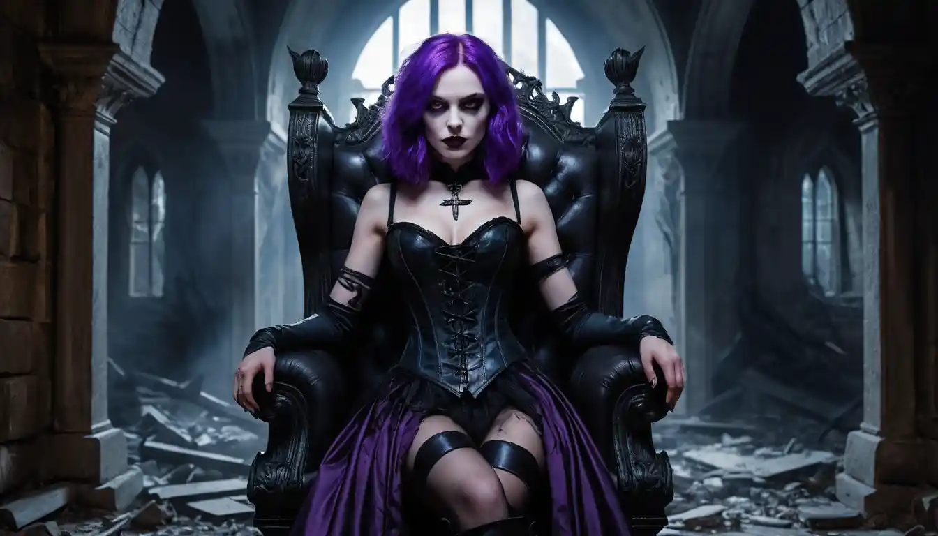 Seductive gothic vampire on a crumbling castle throne