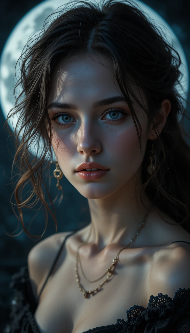 Moonlit close up portrait of a mysterious young woman