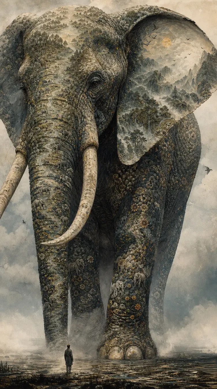 Massive Elephant In Mist With Surreal Landscapes