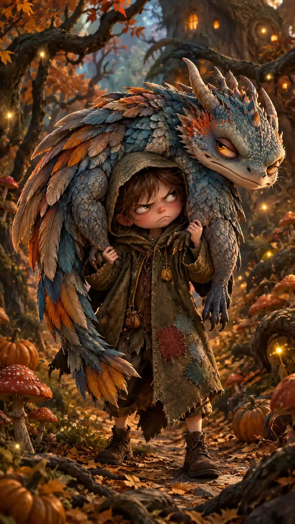 Small forest child carrying a reluctant feathered dragon