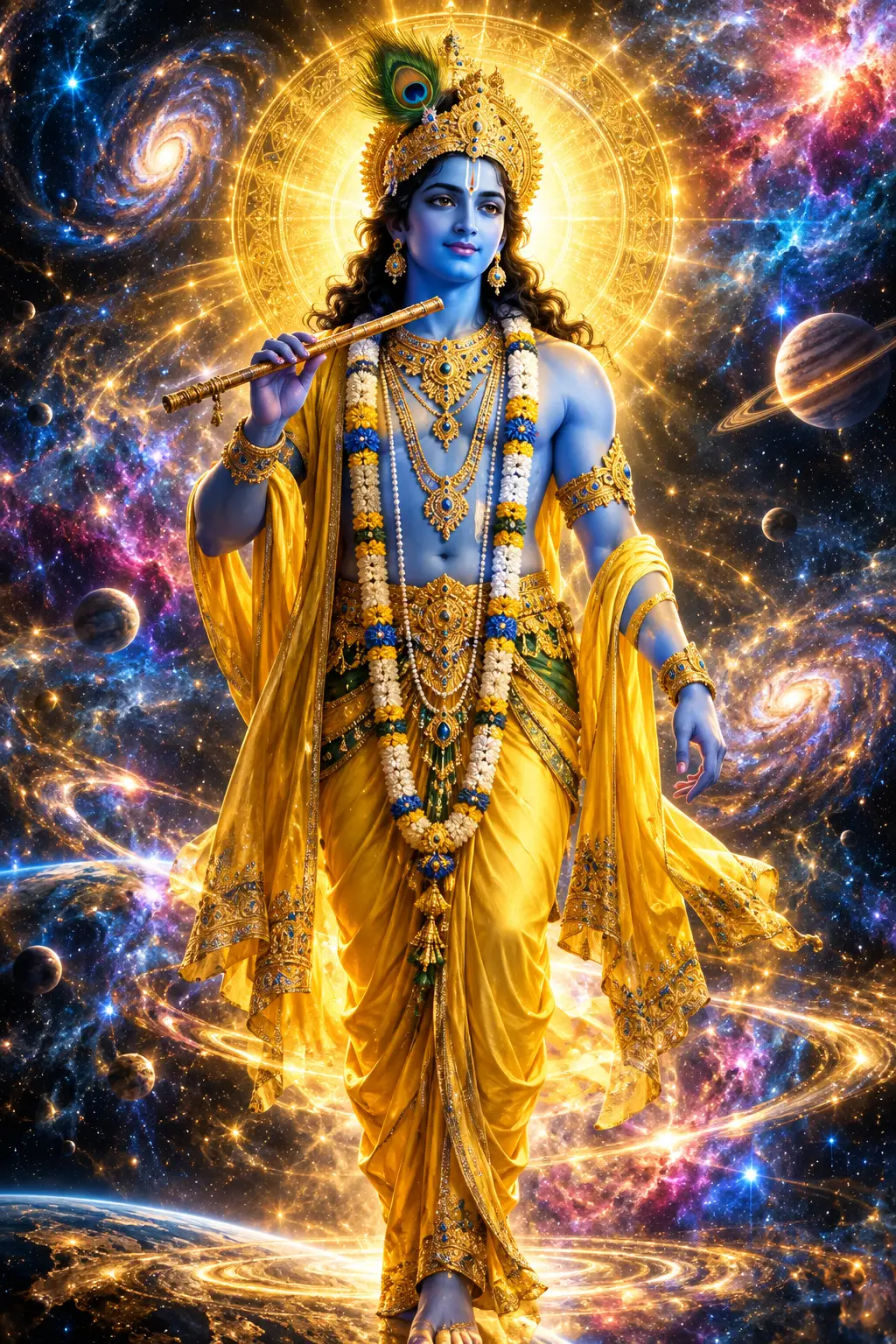 Divine blue figure standing in glowing cosmic space