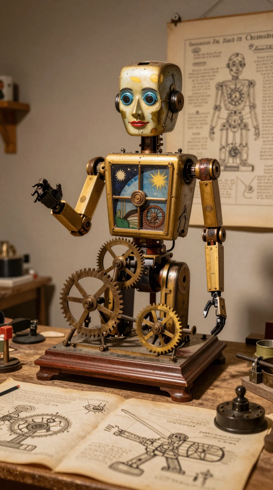 Ancient brass automaton crafting gears from glowing stardust