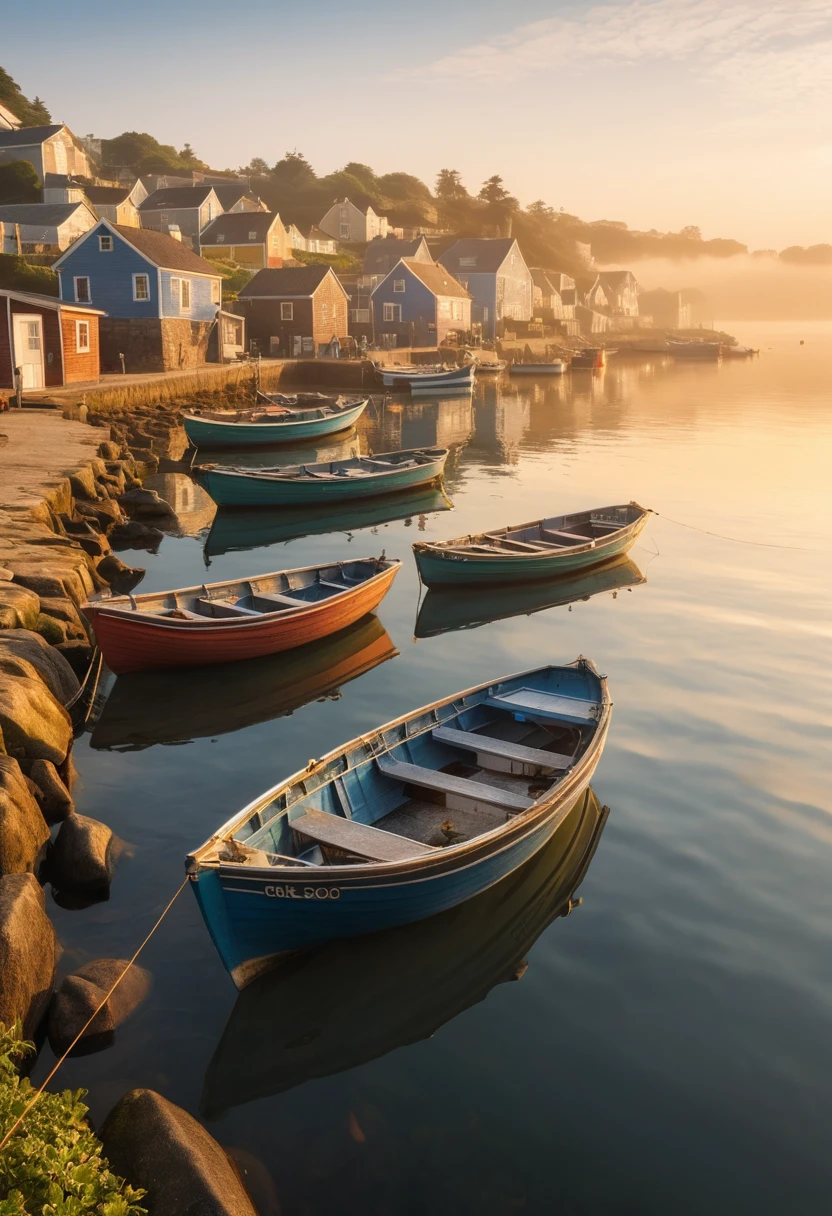 Paisible village côtier et son port dans la chaude lumière dorée du matin