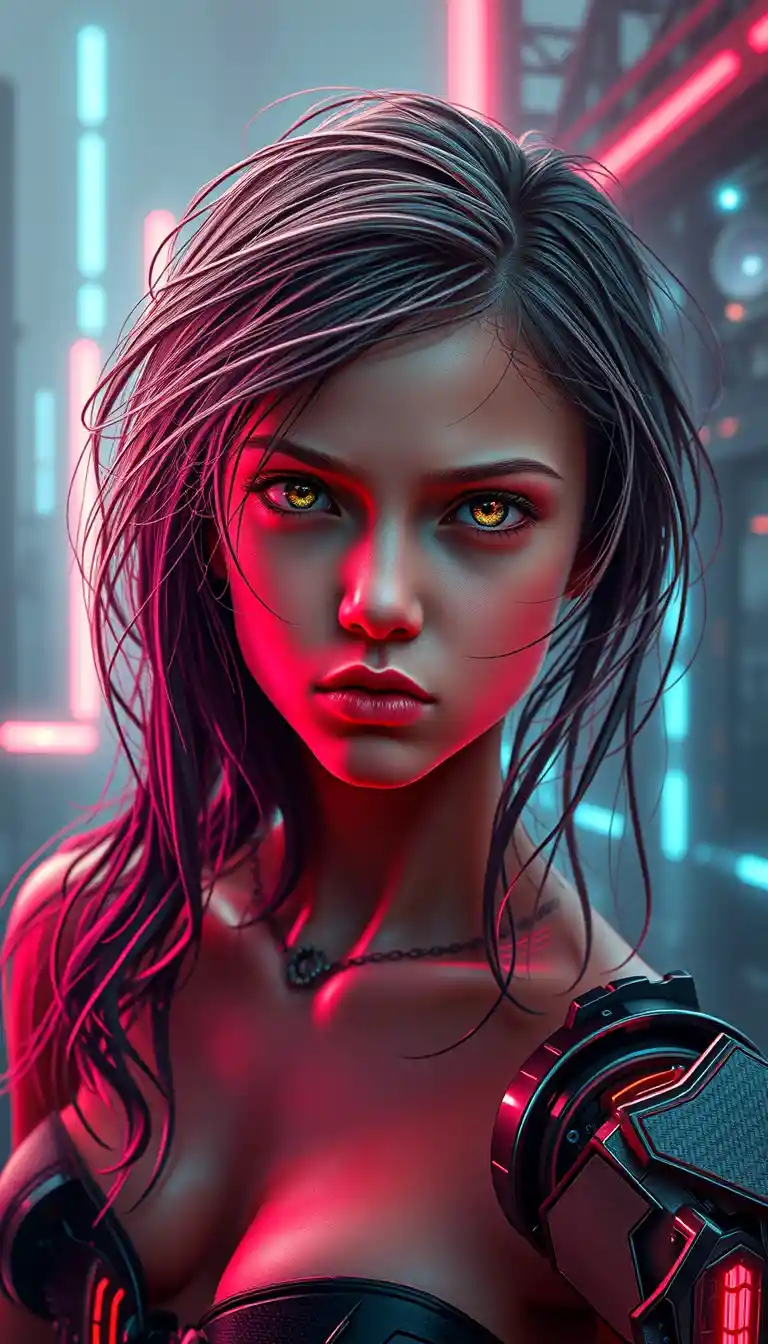 Cybernetic woman portrait in futuristic industrial cityscape