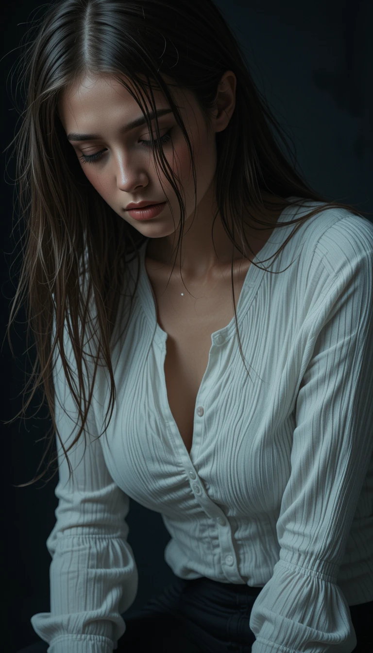 Sad woman crying with head bowed in soft light