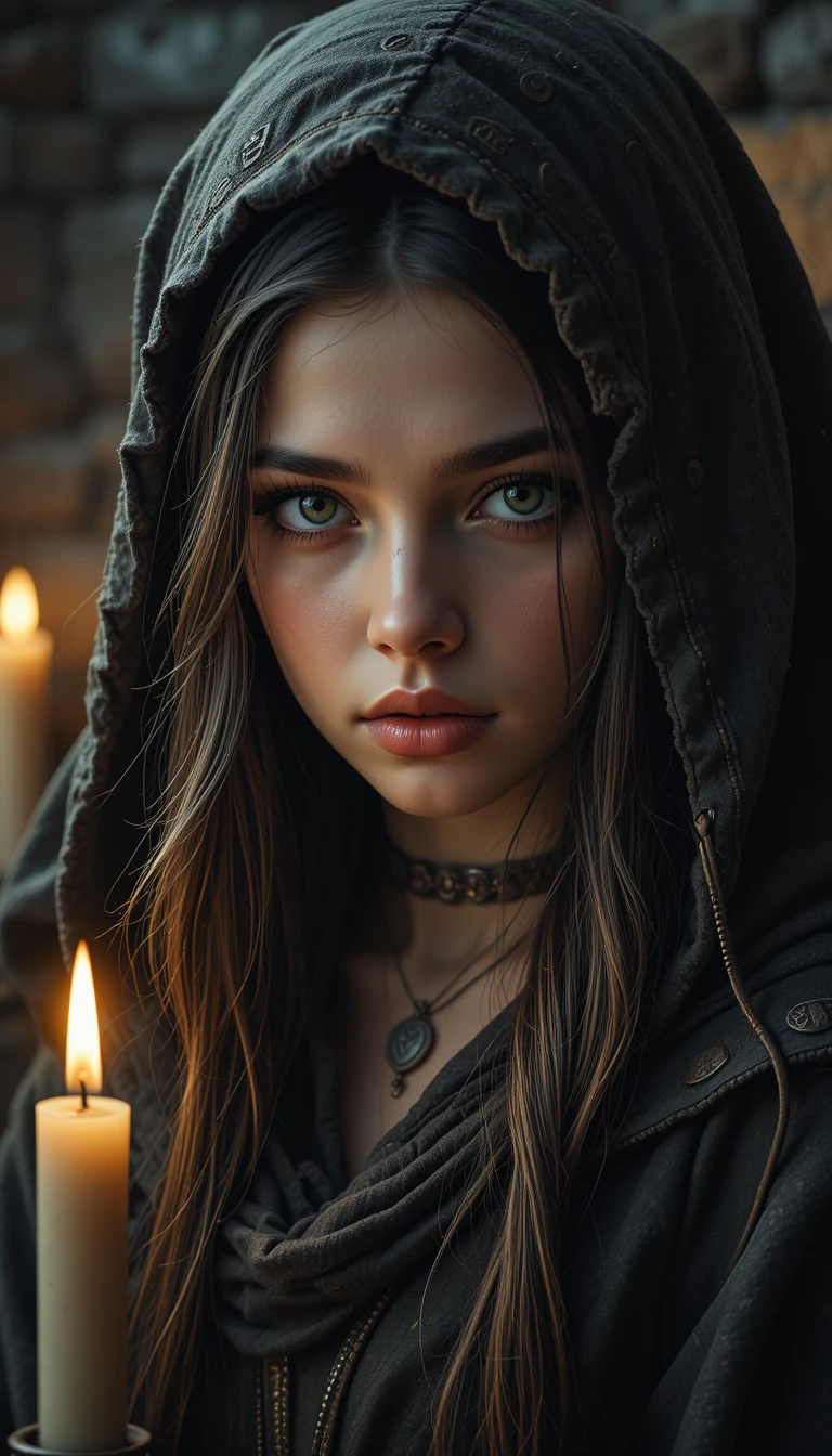 Medieval girl in hooded cloak wearing wooden rune headphones