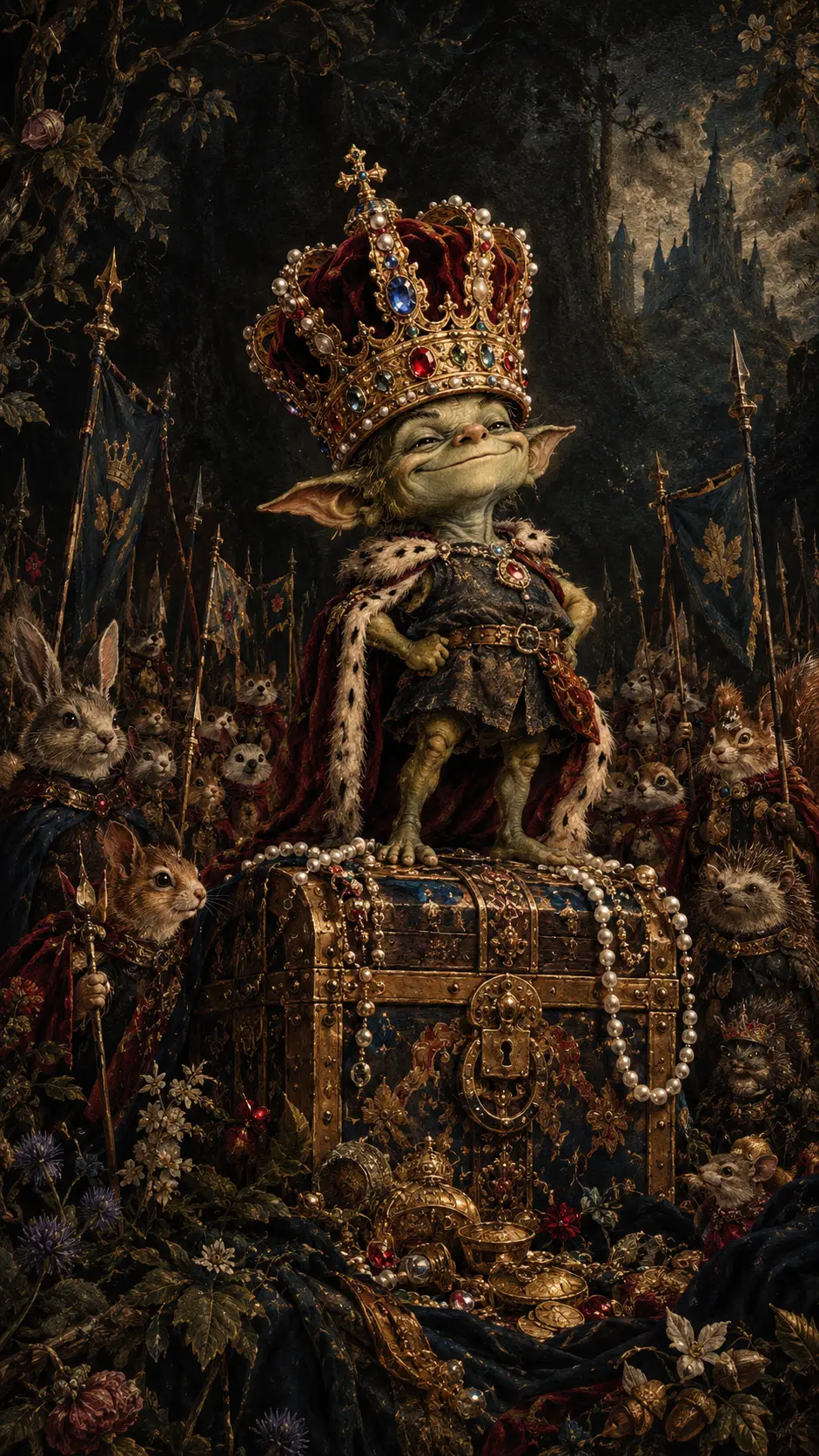 Tiny Goblin King Standing Proud On A Treasure Chest