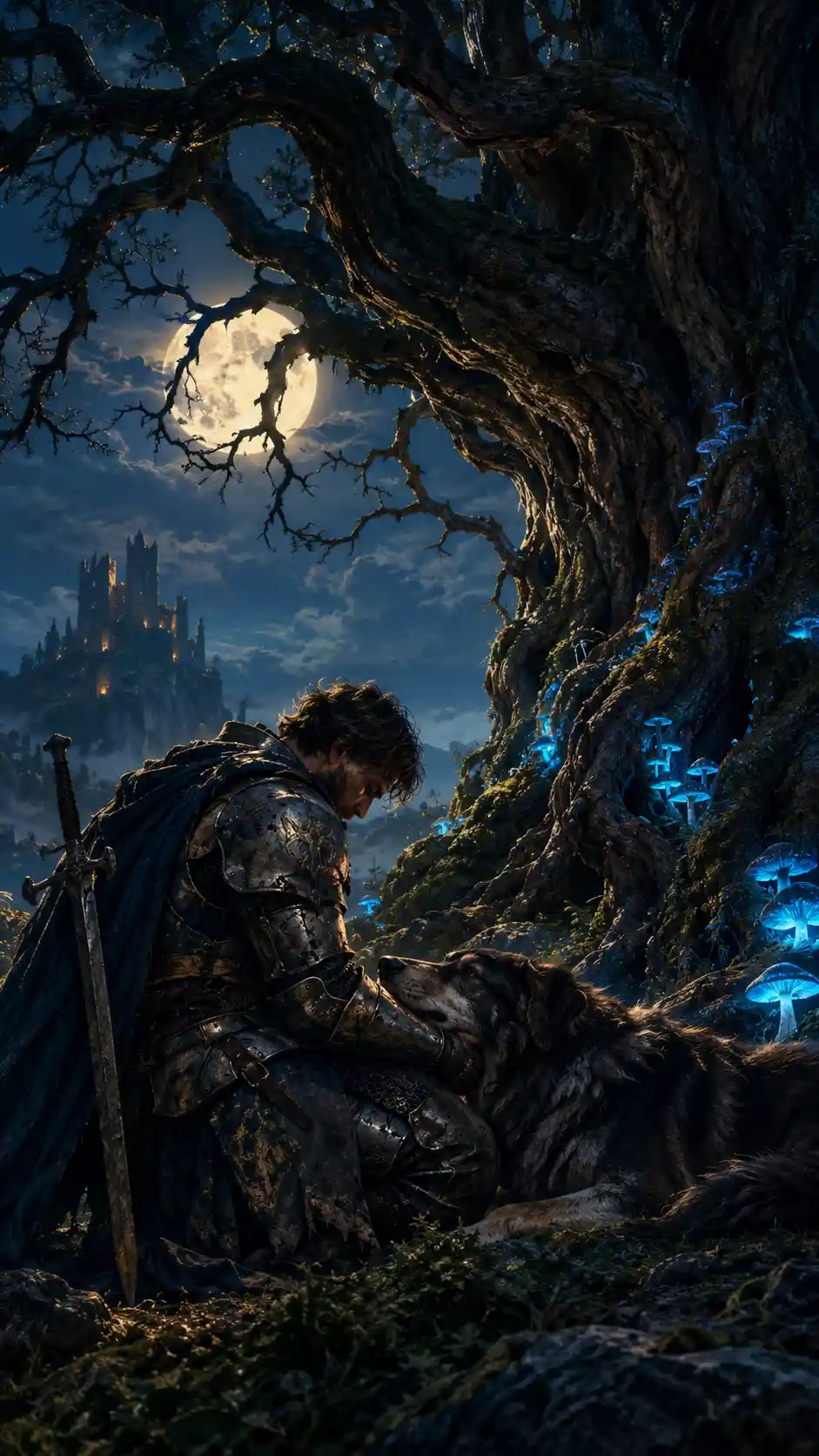 Cavaliere in ginocchio sotto un antico albero in una foresta al chiaro di luna