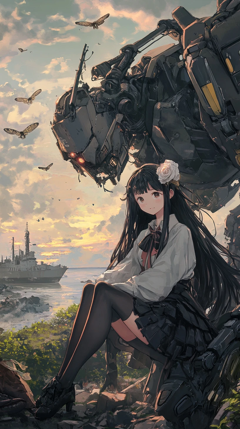 Anime-Mädchen auf zerstörtem Roboter bei Sonnenaufgang am Meer