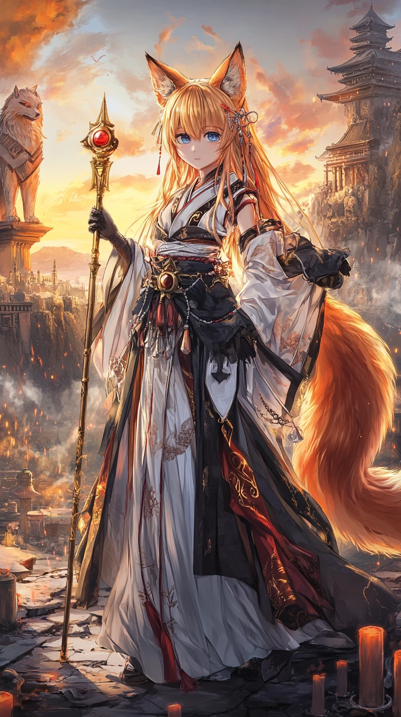 Fox girl in white robe before ruined cliff temple