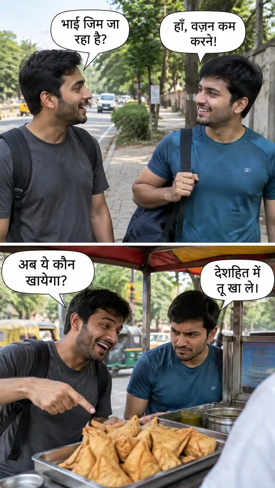 Two friends joking together by the roadside in daylight