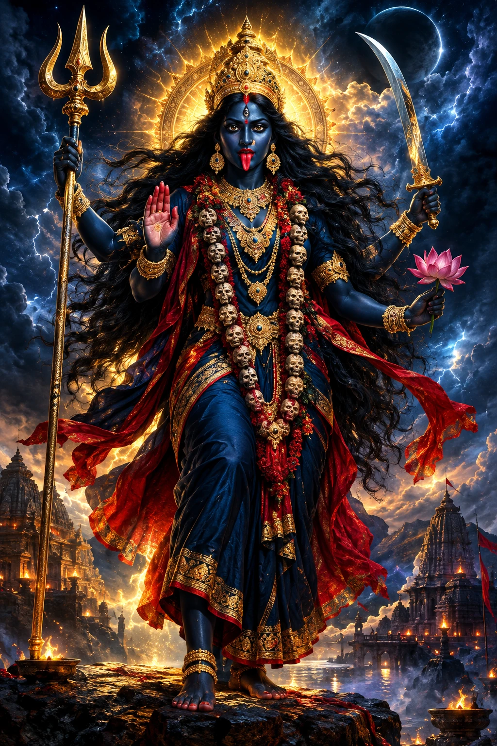 La divina Kali de pie bajo un feroz cielo nocturno cósmico