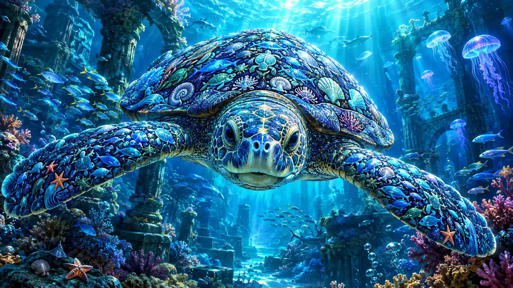 Sea turtle swimming toward viewer in mystical underwater ruins